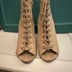 Elegant Beige Lace-Up Peep Toe Booties
